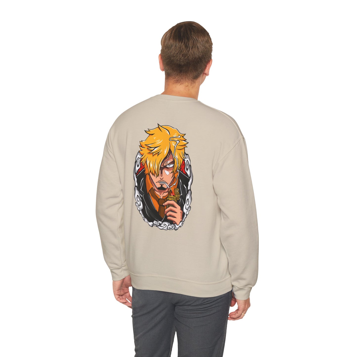 Anime Crewneck Sweatshirt — 'One Piece' Sanji Graphic Back with Logo Chest