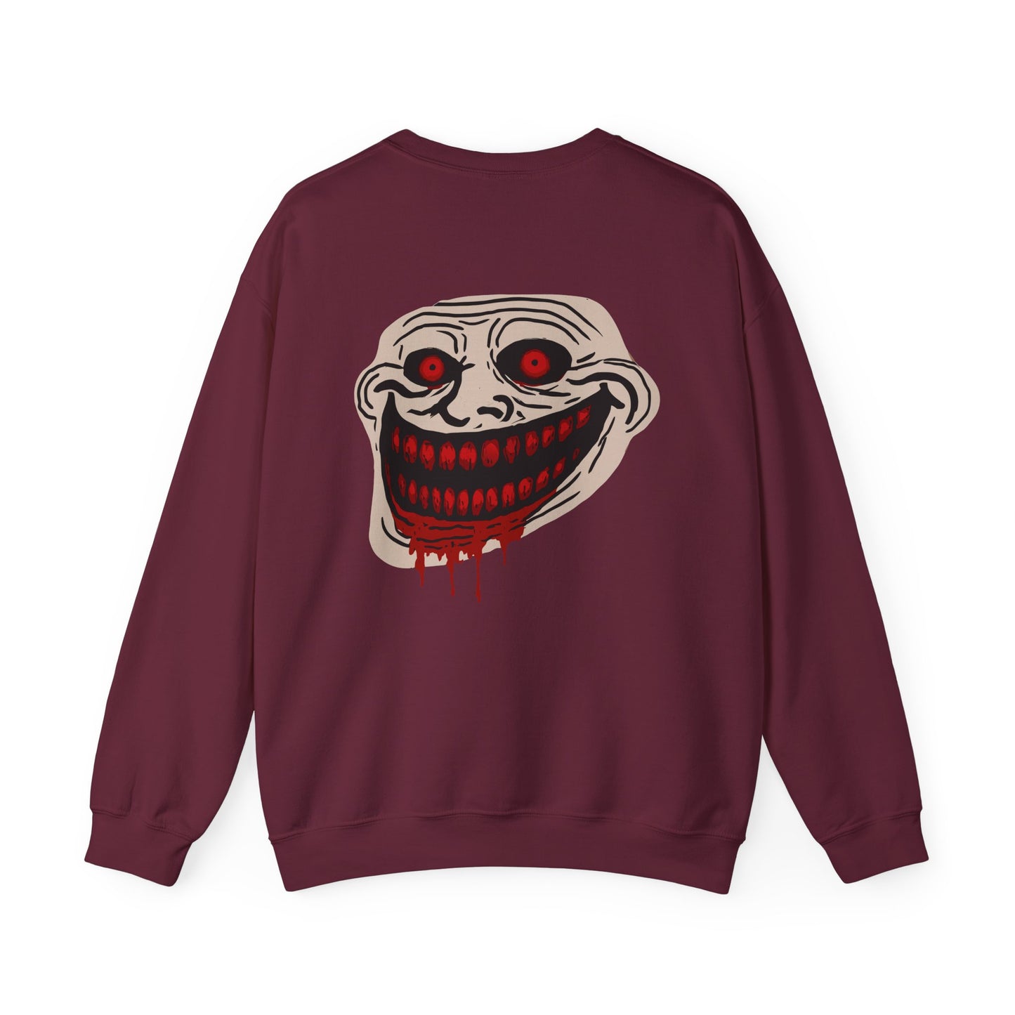 Creepy Grinning Face Crewneck Sweatshirt — Horror Graphic Pullover Printify