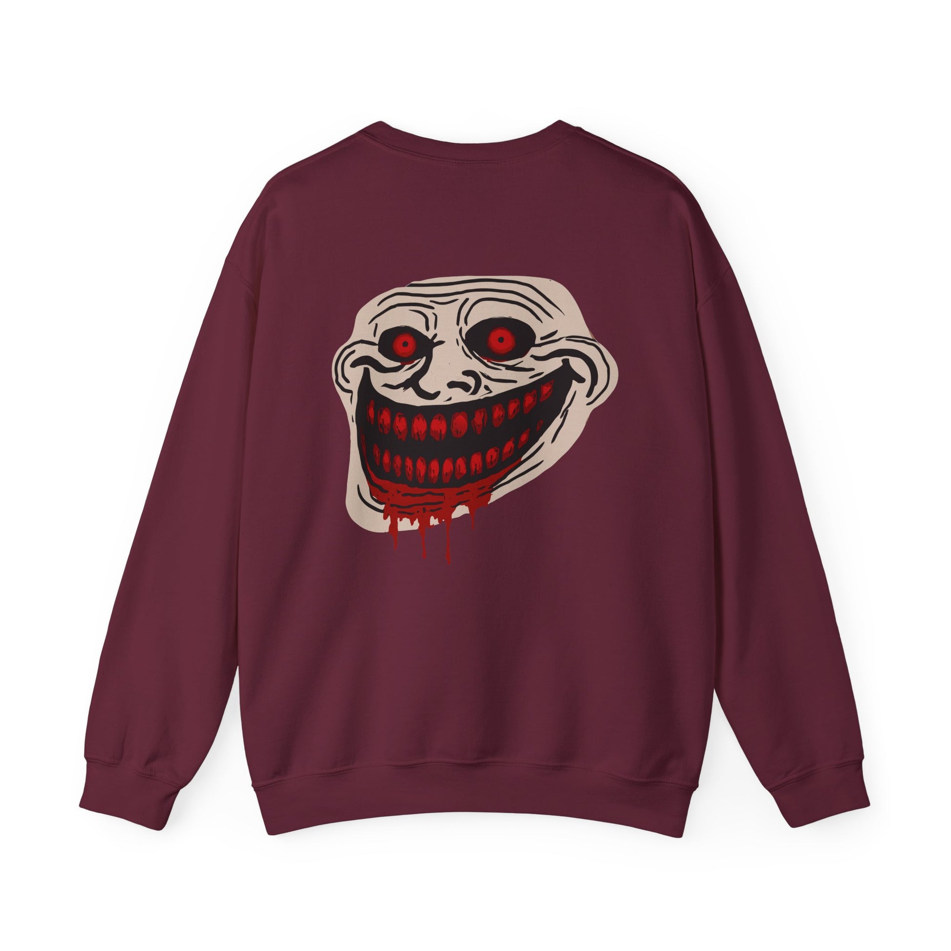 Creepy Grinning Face Crewneck Sweatshirt — Horror Graphic Pullover Printify