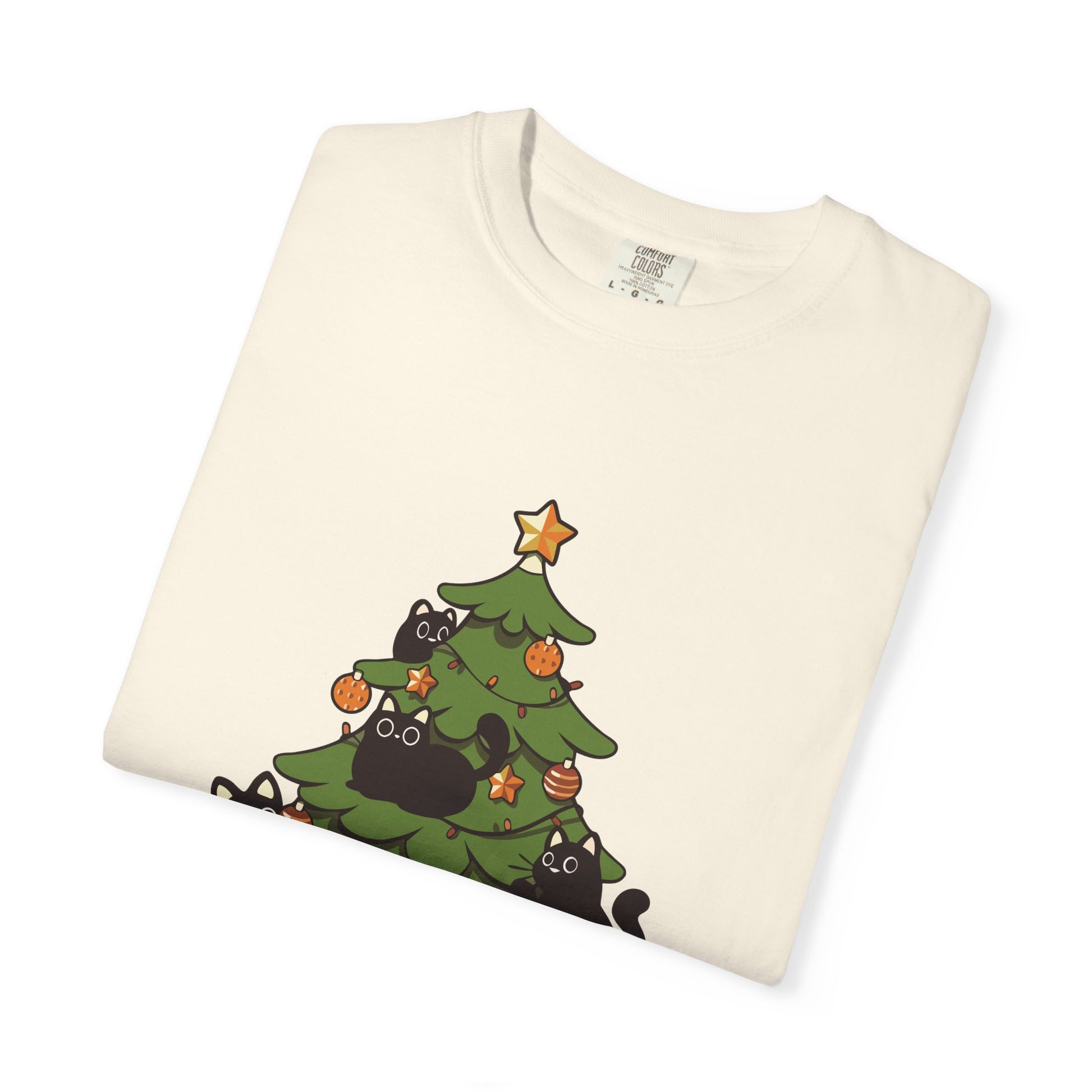 Christmas Cats T-Shirt — Cute Black Cats Tangled in Christmas Tree Holiday Tee Printify