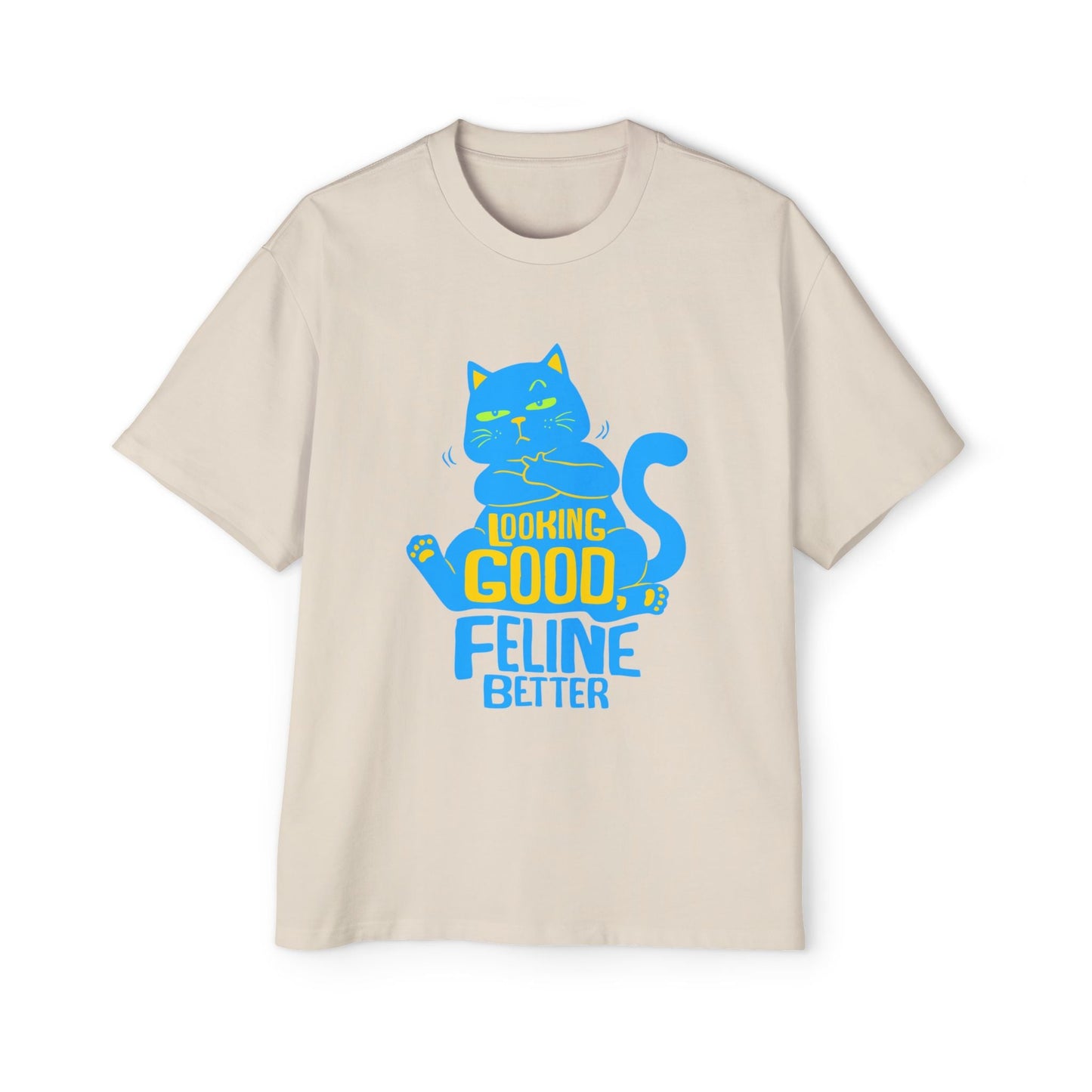 Men's Oversized Cat Tee - Looking Good, Feline Better, Cute Cat Shirt, Casual Fashion, Gift for Cat Lovers, Comfortable Summer Top - Maklenn
