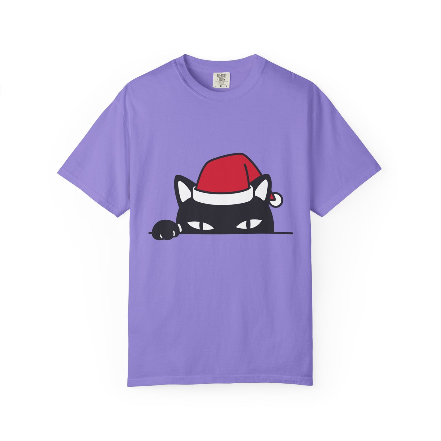 Peeking Black Cat Christmas T-Shirt — Santa Hat Holiday Tee Printify