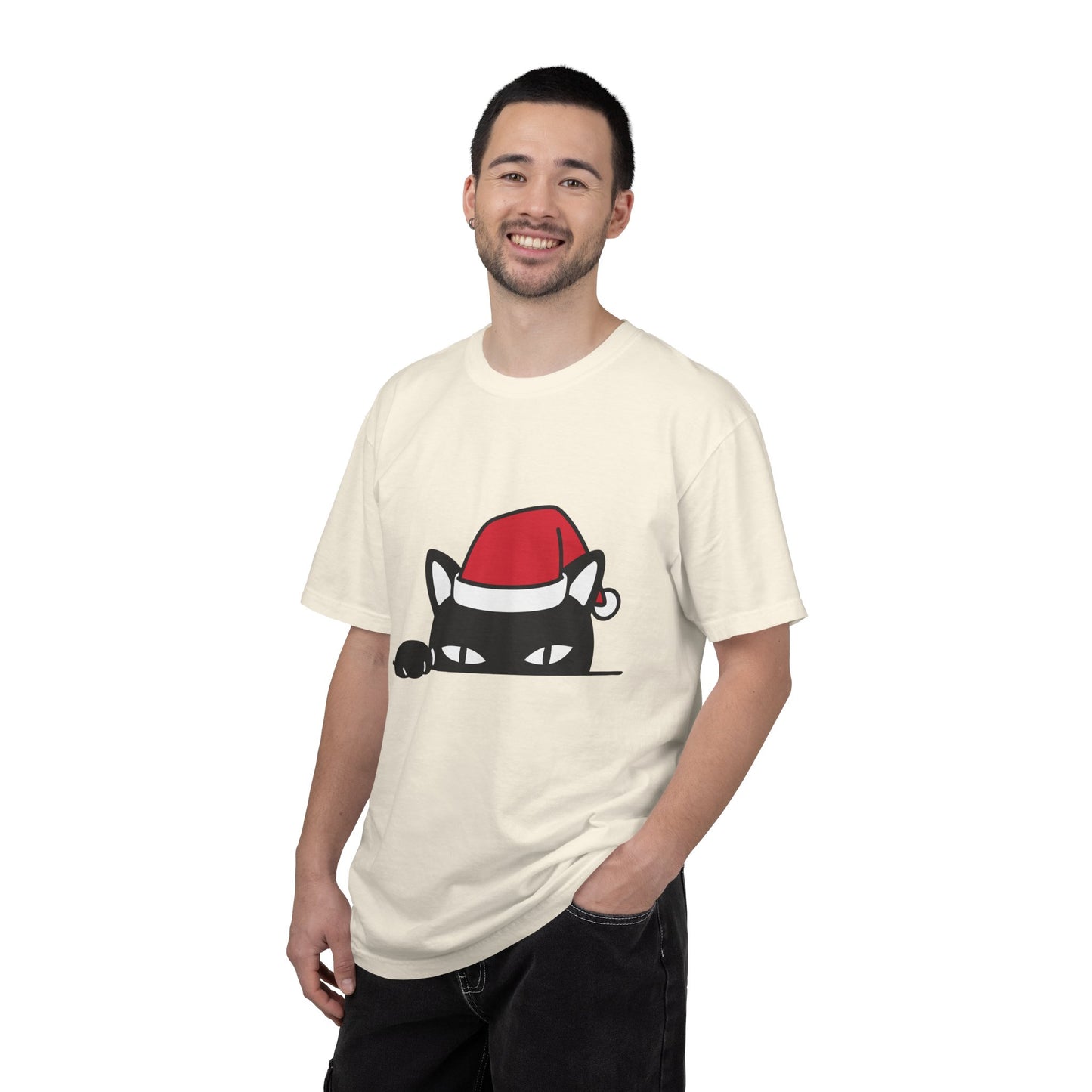 Peeking Black Cat Christmas T-Shirt — Santa Hat Holiday Tee Printify