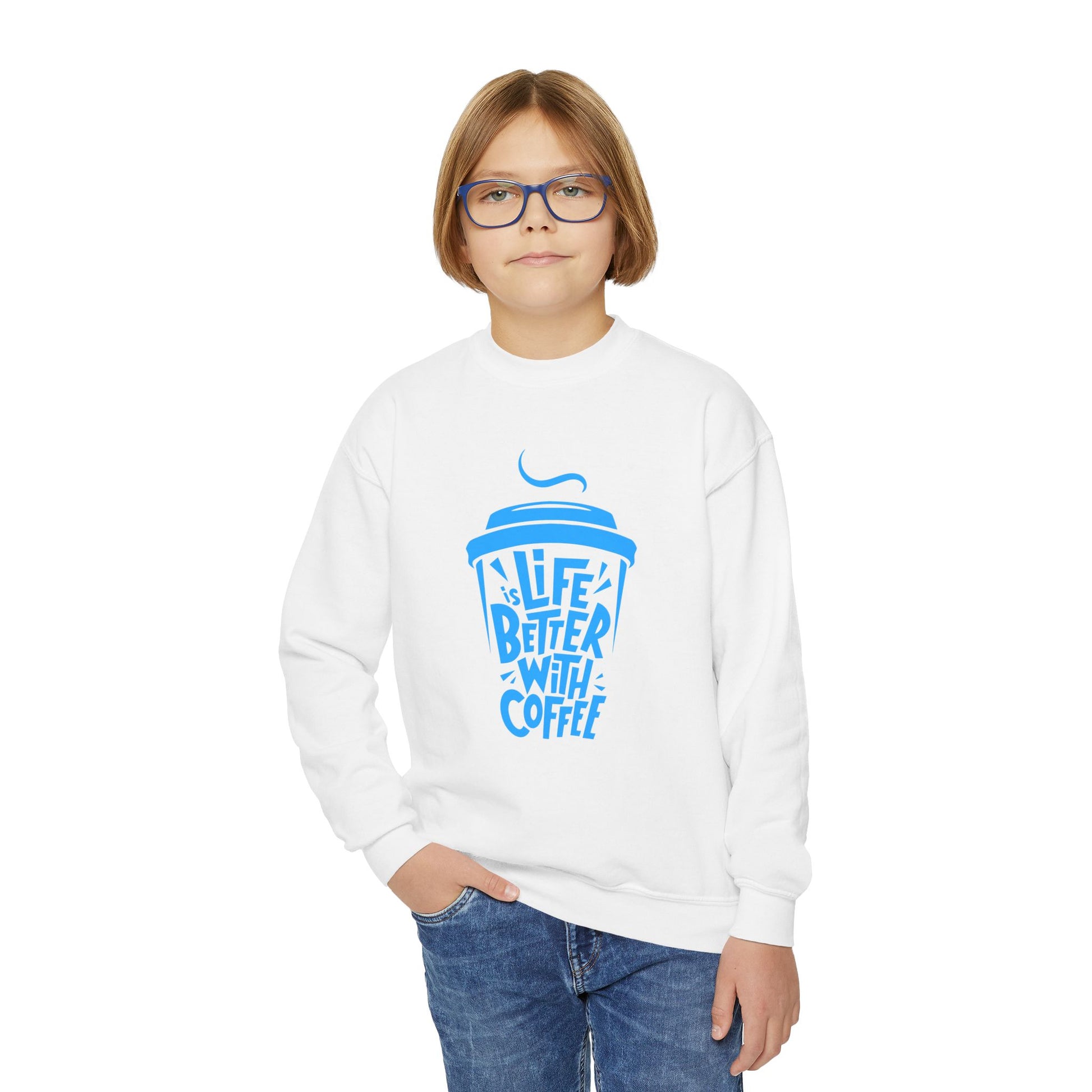Youth Crewneck Sweatshirt - Life is Better with Coffee - Cozy Gift for Coffee Lovers, Trendy Kids Fashion, Casual Wear, Everyday Comfort Printify