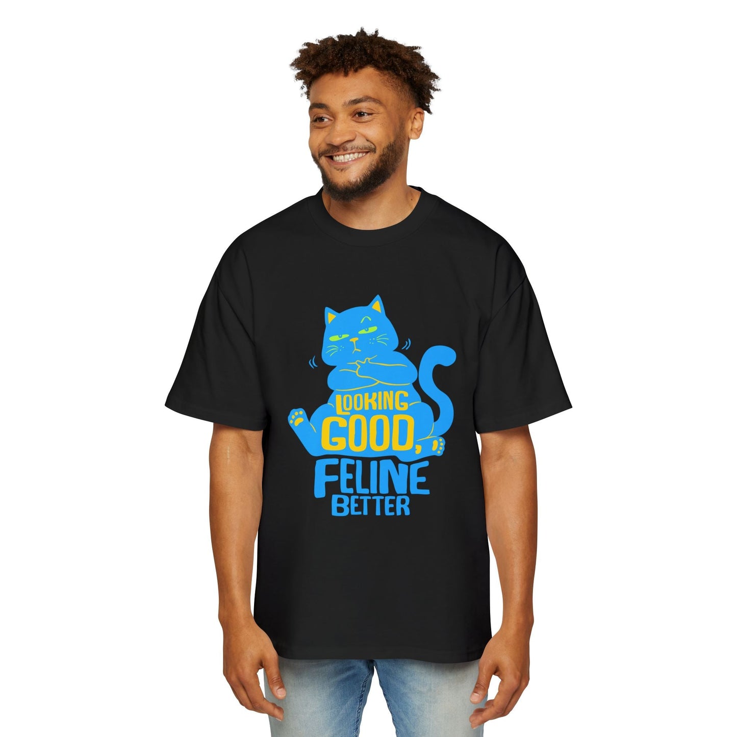 Men's Oversized Cat Tee - Looking Good, Feline Better, Cute Cat Shirt, Casual Fashion, Gift for Cat Lovers, Comfortable Summer Top - Maklenn