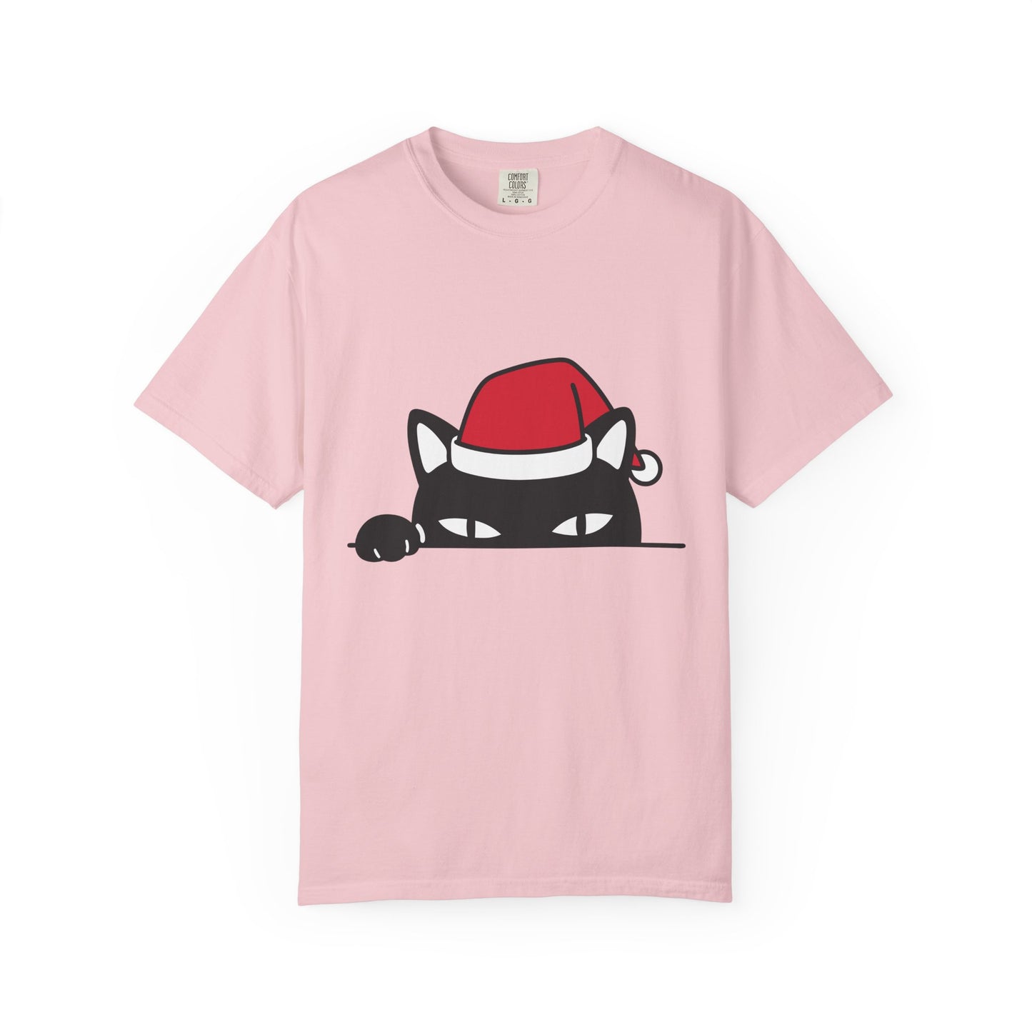 Peeking Black Cat Christmas T-Shirt — Santa Hat Holiday Tee Printify