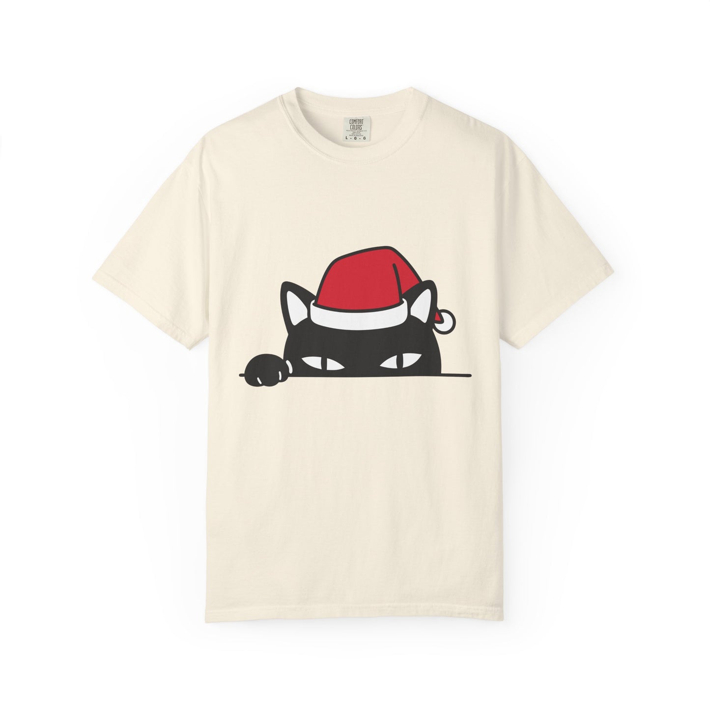Peeking Black Cat Christmas T-Shirt — Santa Hat Holiday Tee Printify