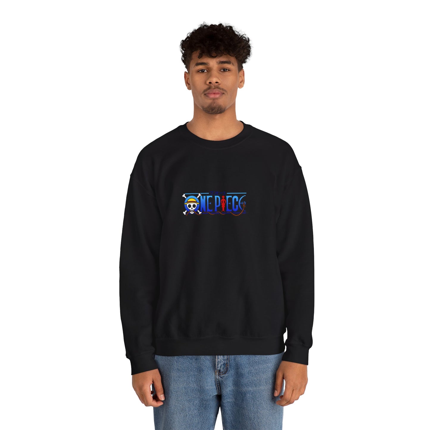 Anime Crewneck Sweatshirt — 'One Piece' Sanji Graphic Back with Logo Chest