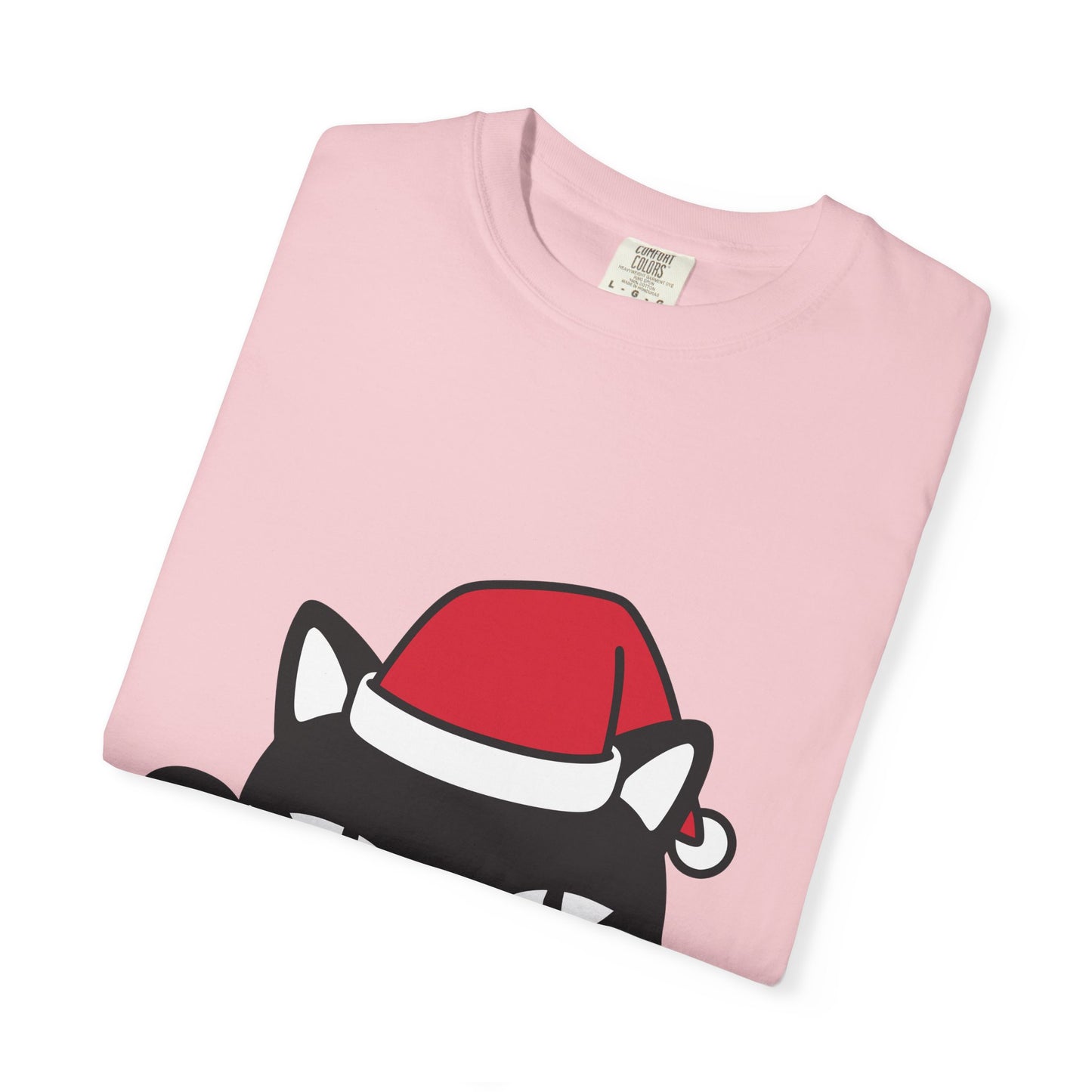 Peeking Black Cat Christmas T-Shirt — Santa Hat Holiday Tee Printify