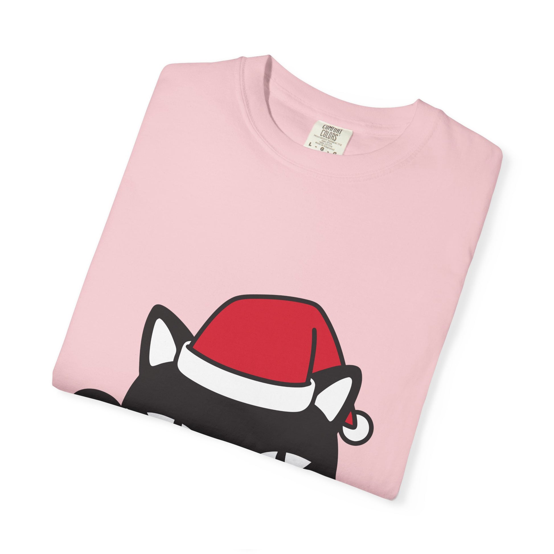 Peeking Black Cat Christmas T-Shirt — Santa Hat Holiday Tee Printify