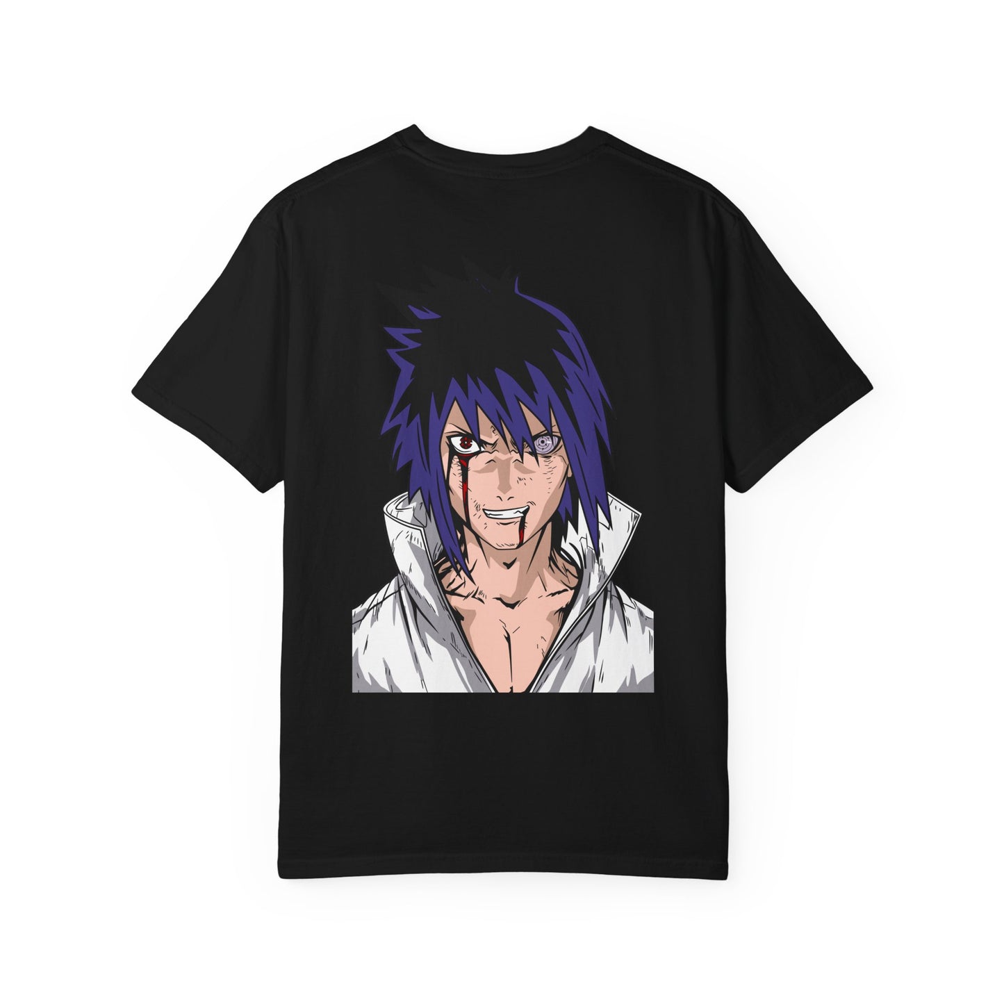 Anime Sasuke Graphic T-Shirt — Naruto Villain Back Print & Front Emblem Printify