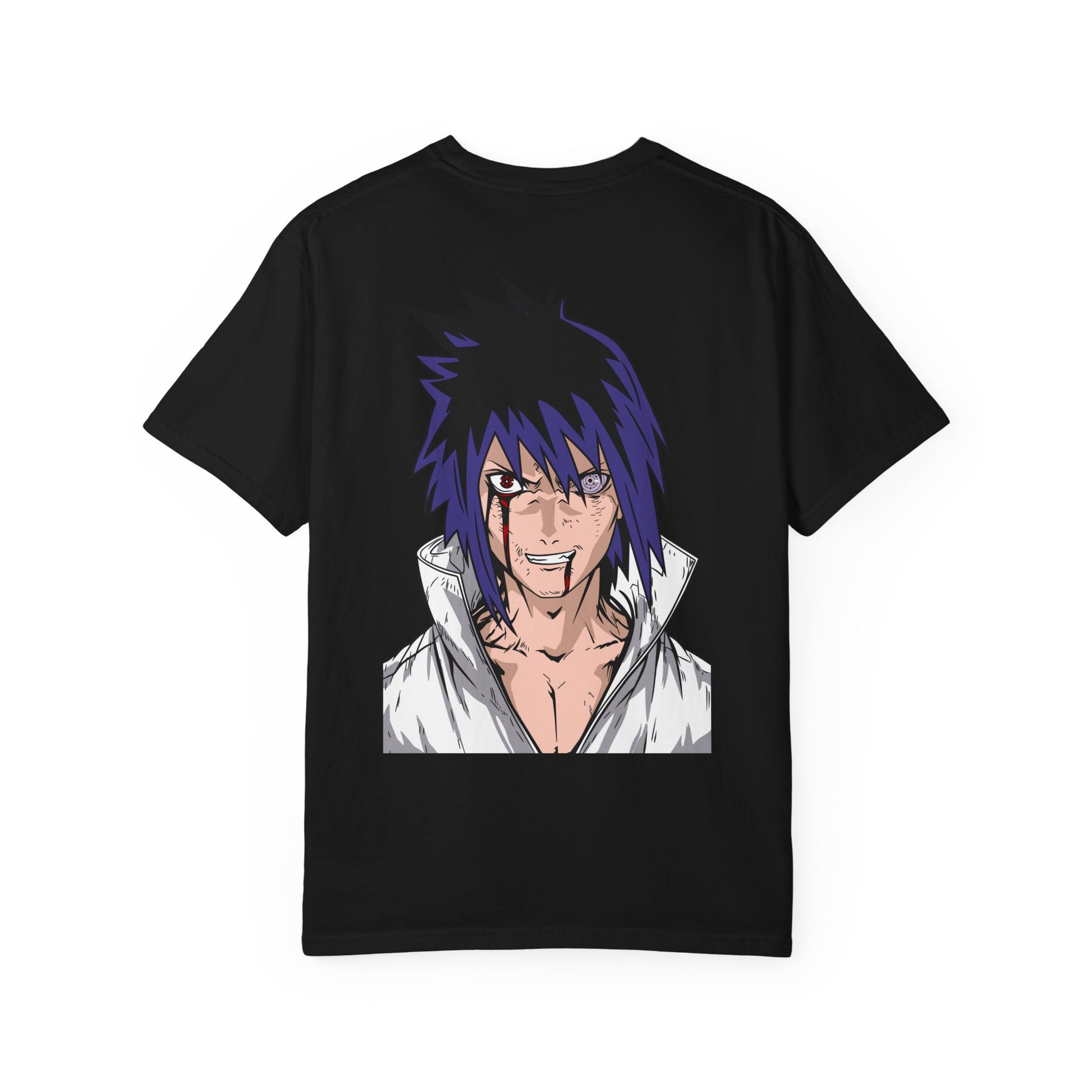 Anime Sasuke Graphic T-Shirt — Naruto Villain Back Print & Front Emblem Printify