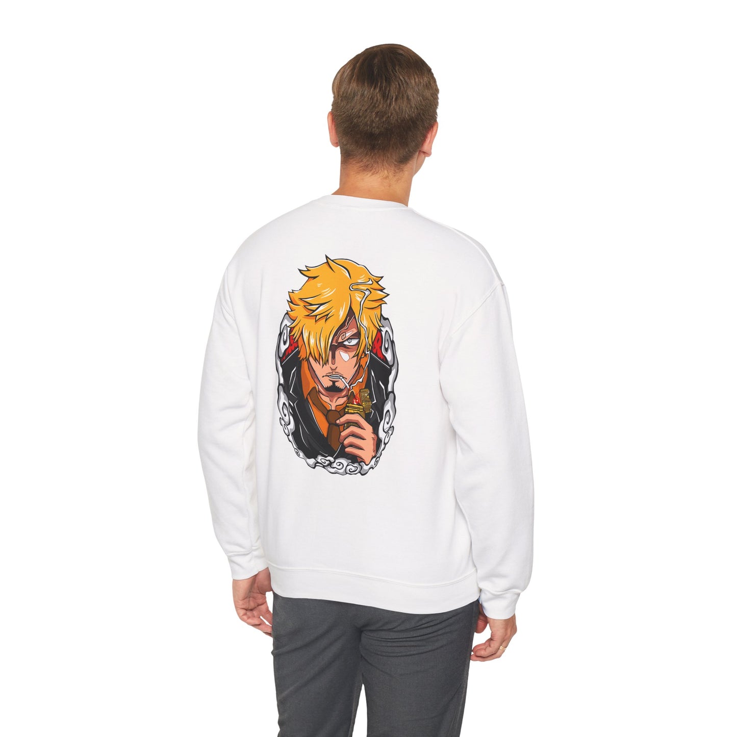 Anime Crewneck Sweatshirt — 'One Piece' Sanji Graphic Back with Logo Chest