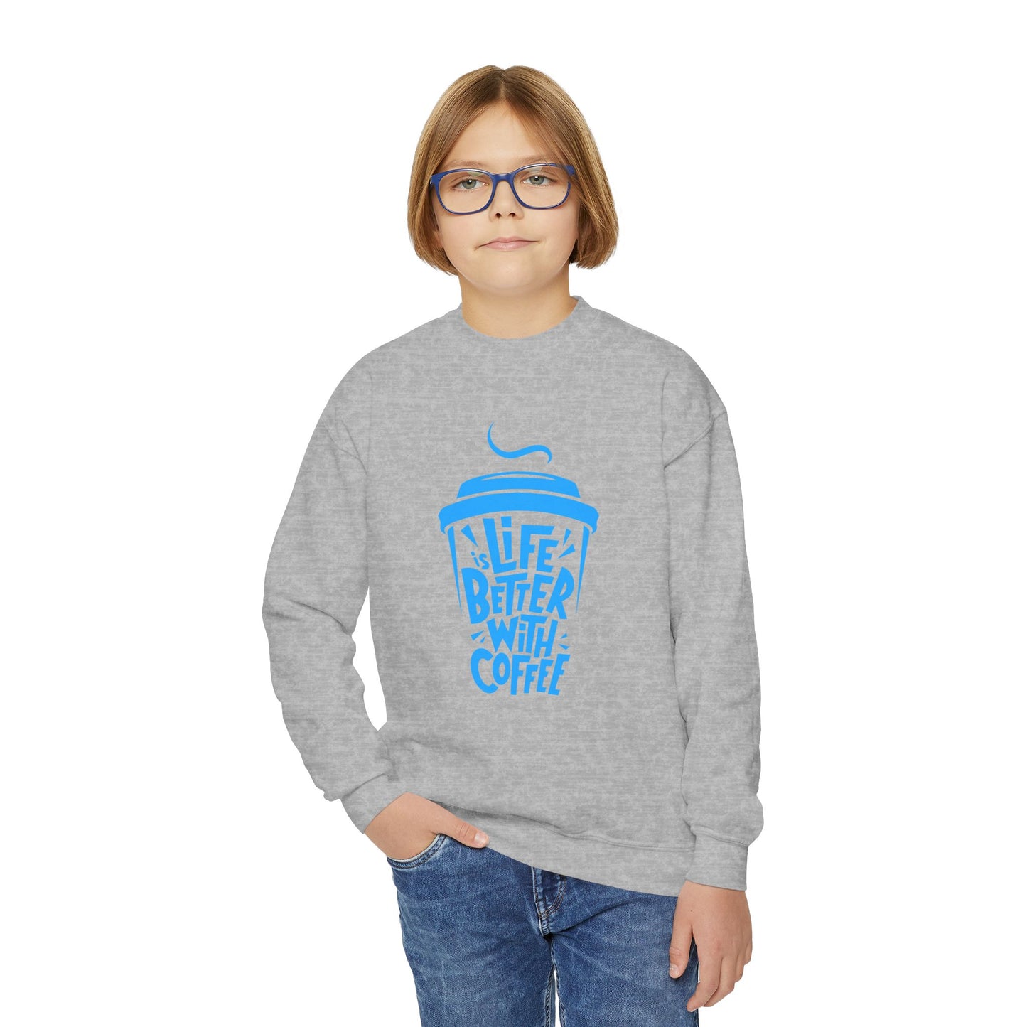Youth Crewneck Sweatshirt - Life is Better with Coffee - Cozy Gift for Coffee Lovers, Trendy Kids Fashion, Casual Wear, Everyday Comfort Printify