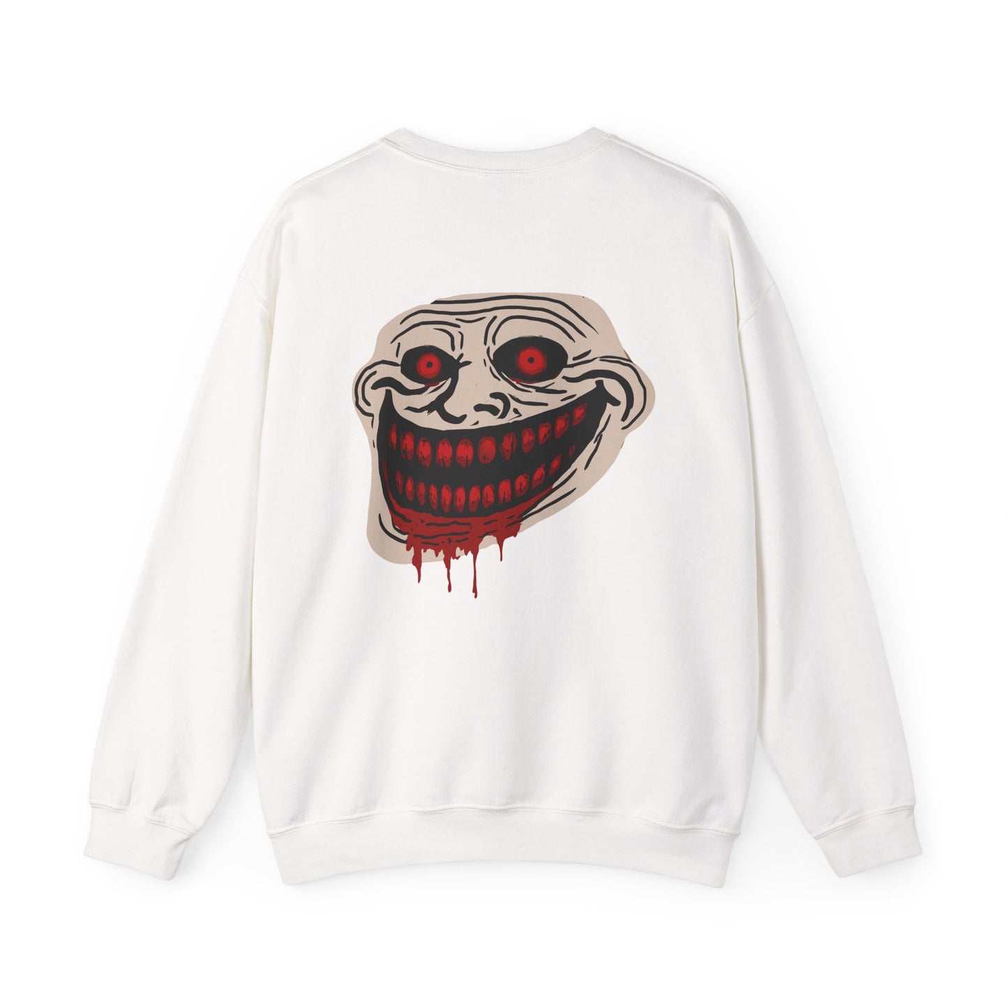 Creepy Grinning Face Crewneck Sweatshirt — Horror Graphic Pullover Printify