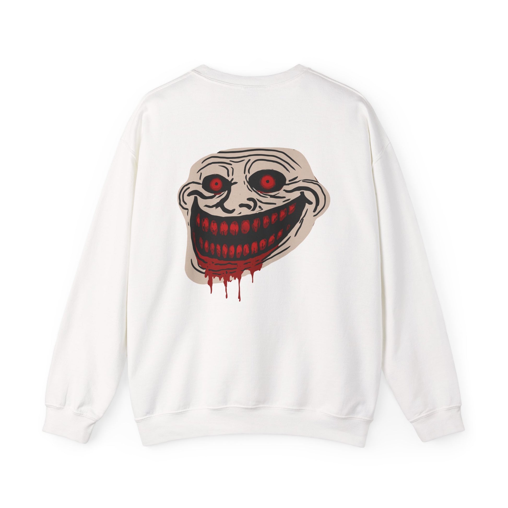 Creepy Grinning Face Crewneck Sweatshirt — Horror Graphic Pullover Printify