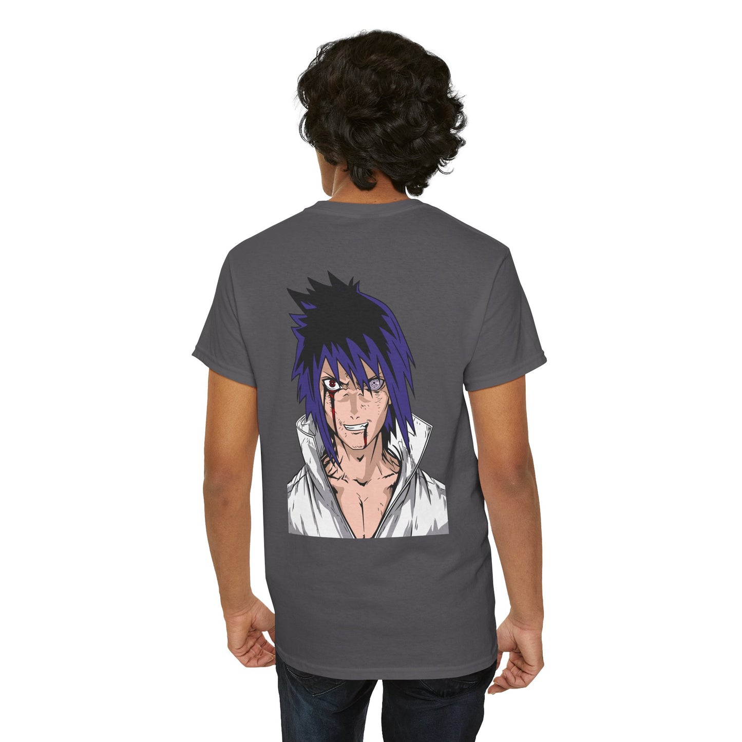 Anime Character Graphic Tee — Blue-Haired Manga Hero Back Print