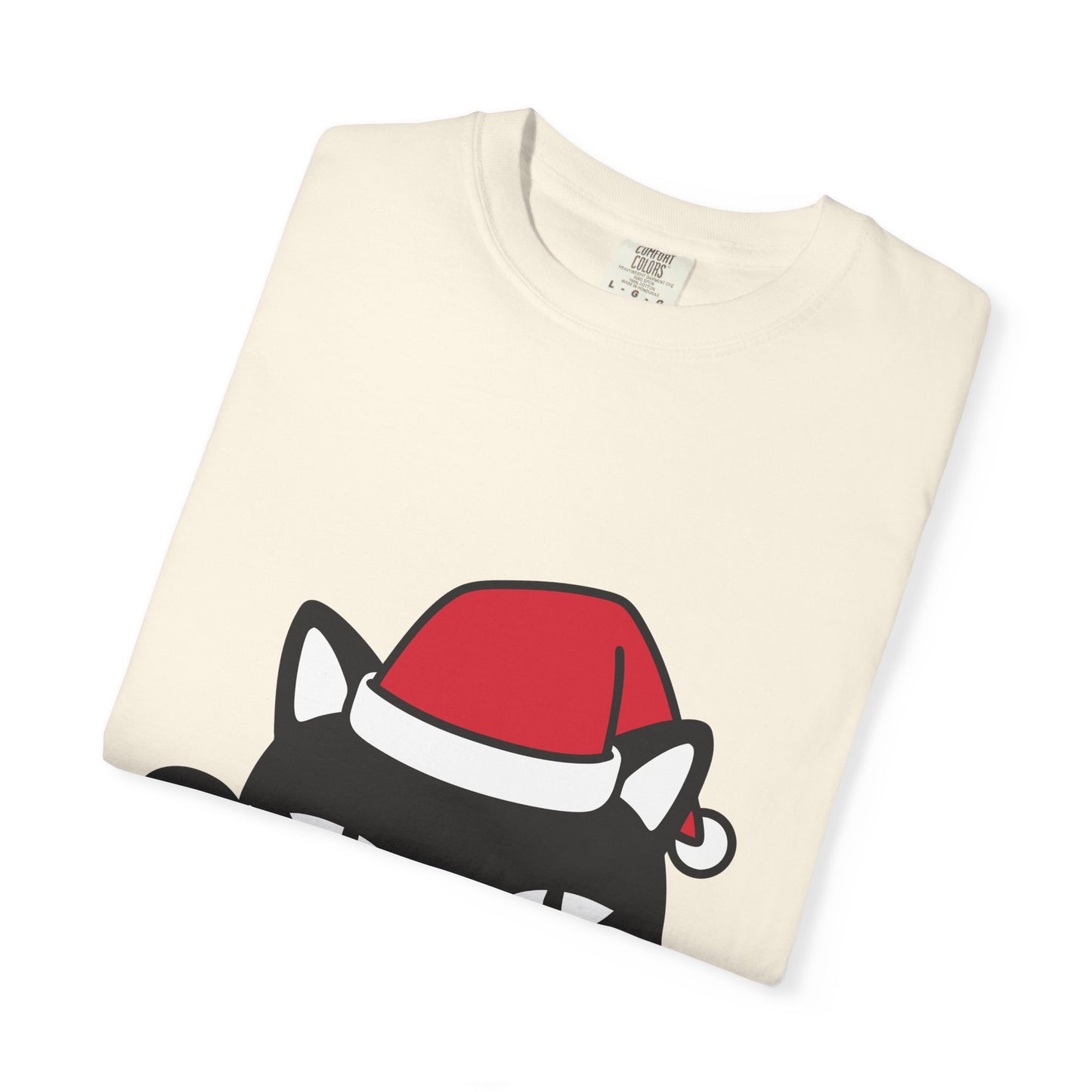 Peeking Black Cat Christmas T-Shirt — Santa Hat Holiday Tee Printify