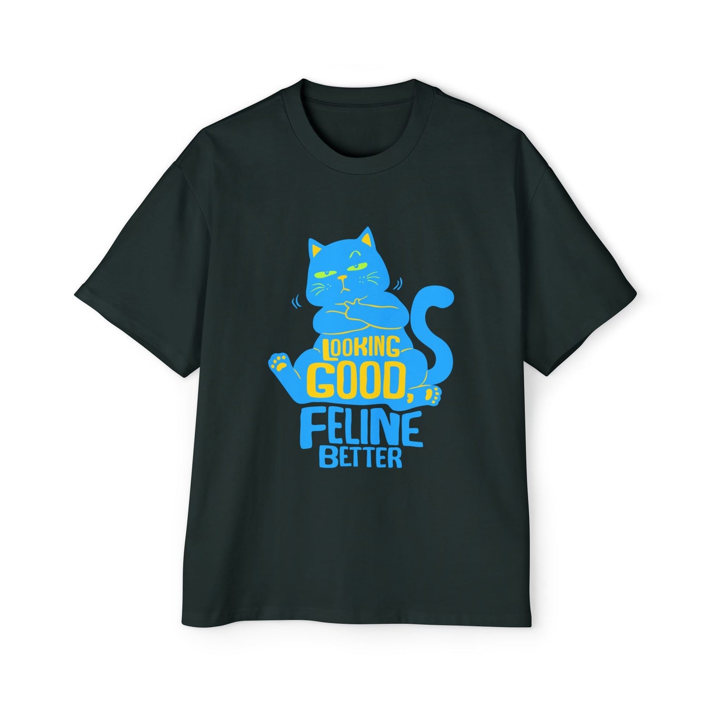 Men's Oversized Cat Tee - Looking Good, Feline Better, Cute Cat Shirt, Casual Fashion, Gift for Cat Lovers, Comfortable Summer Top - Maklenn