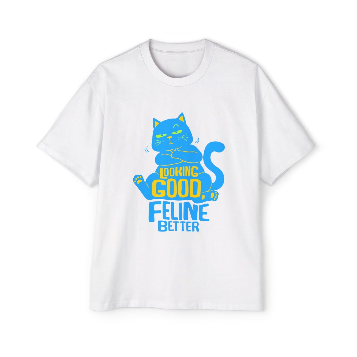 Men's Oversized Cat Tee - Looking Good, Feline Better, Cute Cat Shirt, Casual Fashion, Gift for Cat Lovers, Comfortable Summer Top - Maklenn
