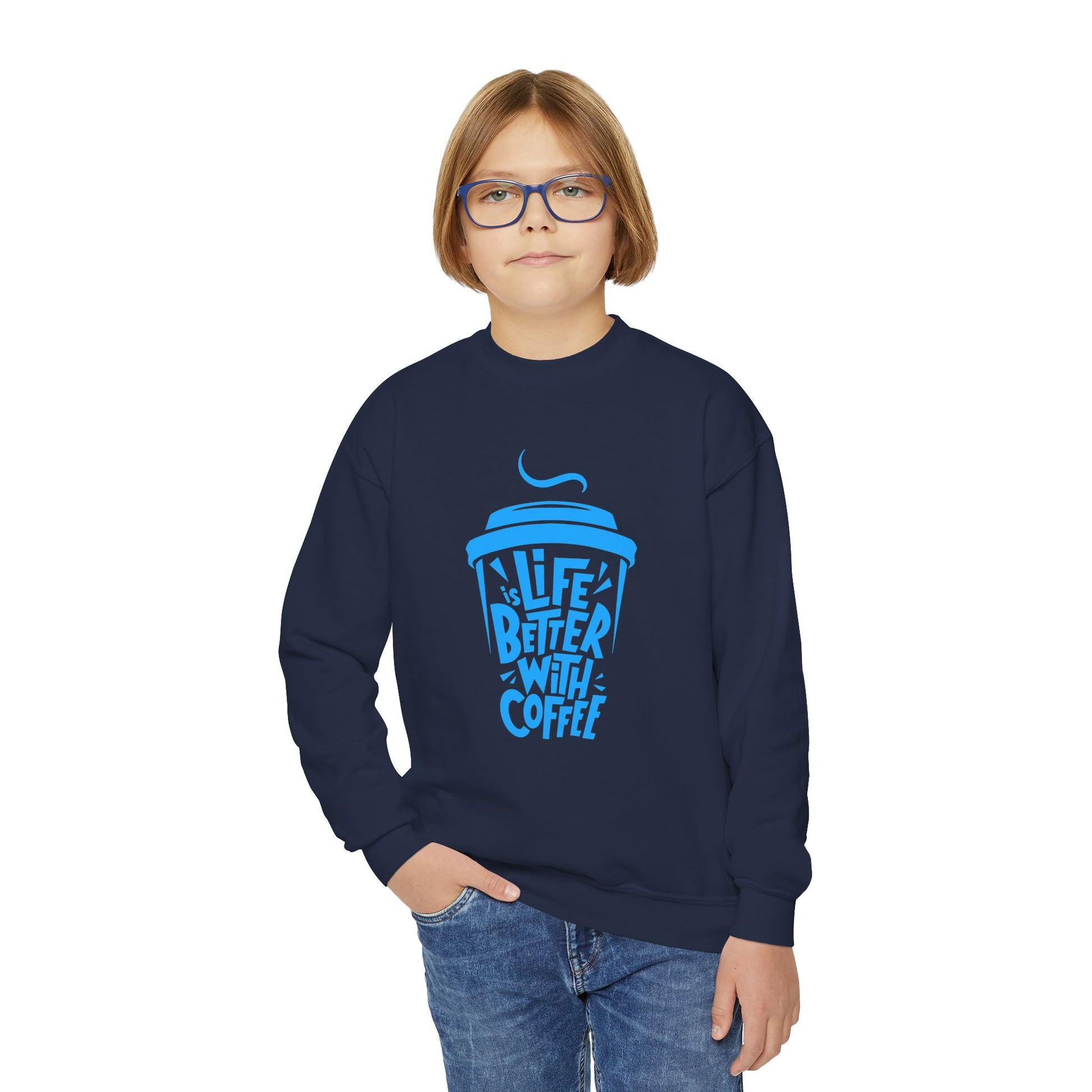 Youth Crewneck Sweatshirt - Life is Better with Coffee - Cozy Gift for Coffee Lovers, Trendy Kids Fashion, Casual Wear, Everyday Comfort Printify