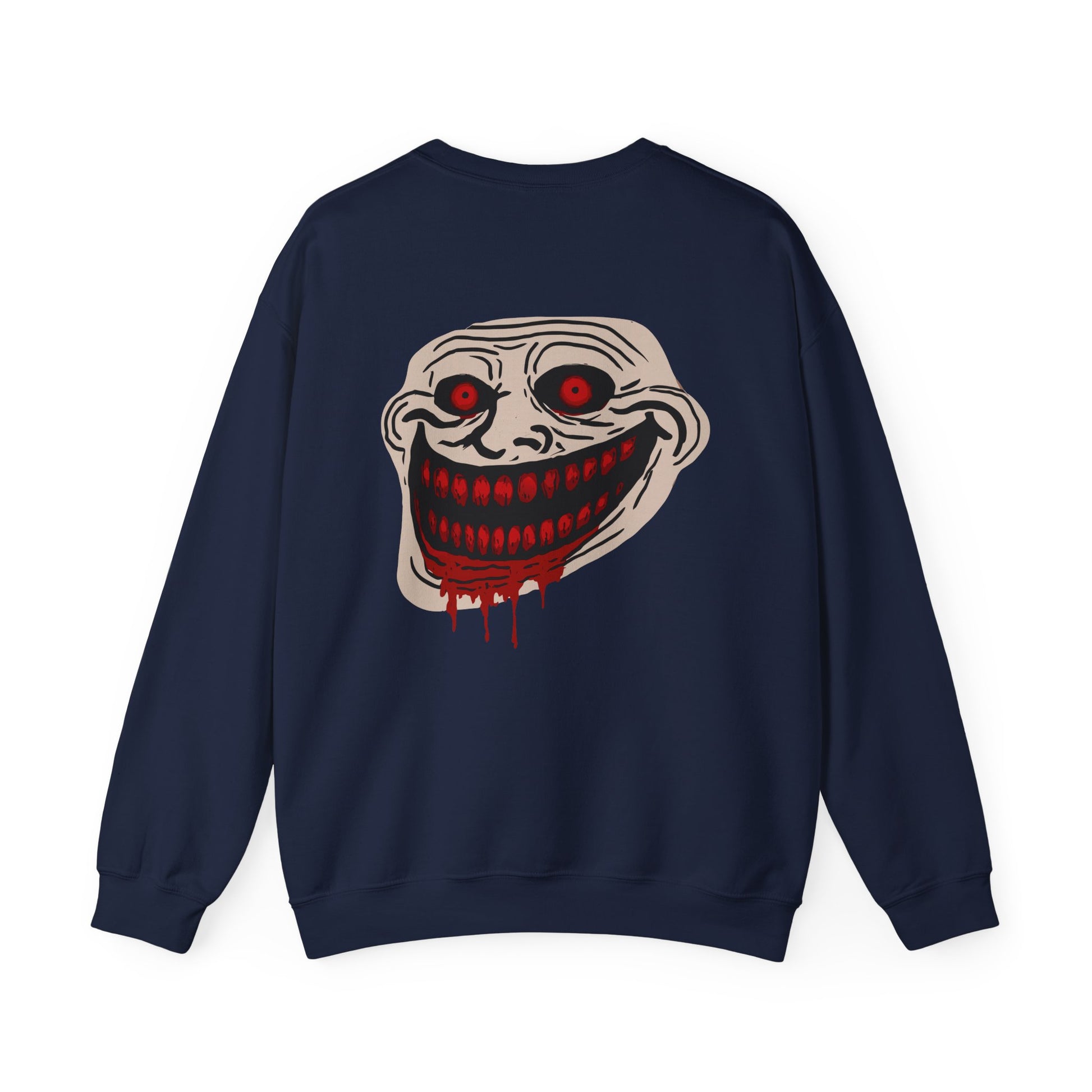 Creepy Grinning Face Crewneck Sweatshirt — Horror Graphic Pullover Printify