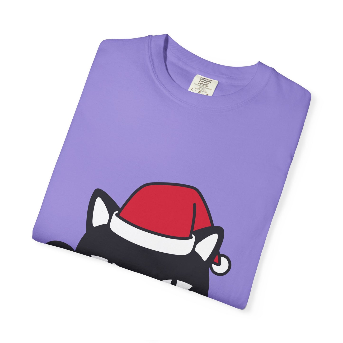 Peeking Black Cat Christmas T-Shirt — Santa Hat Holiday Tee Printify