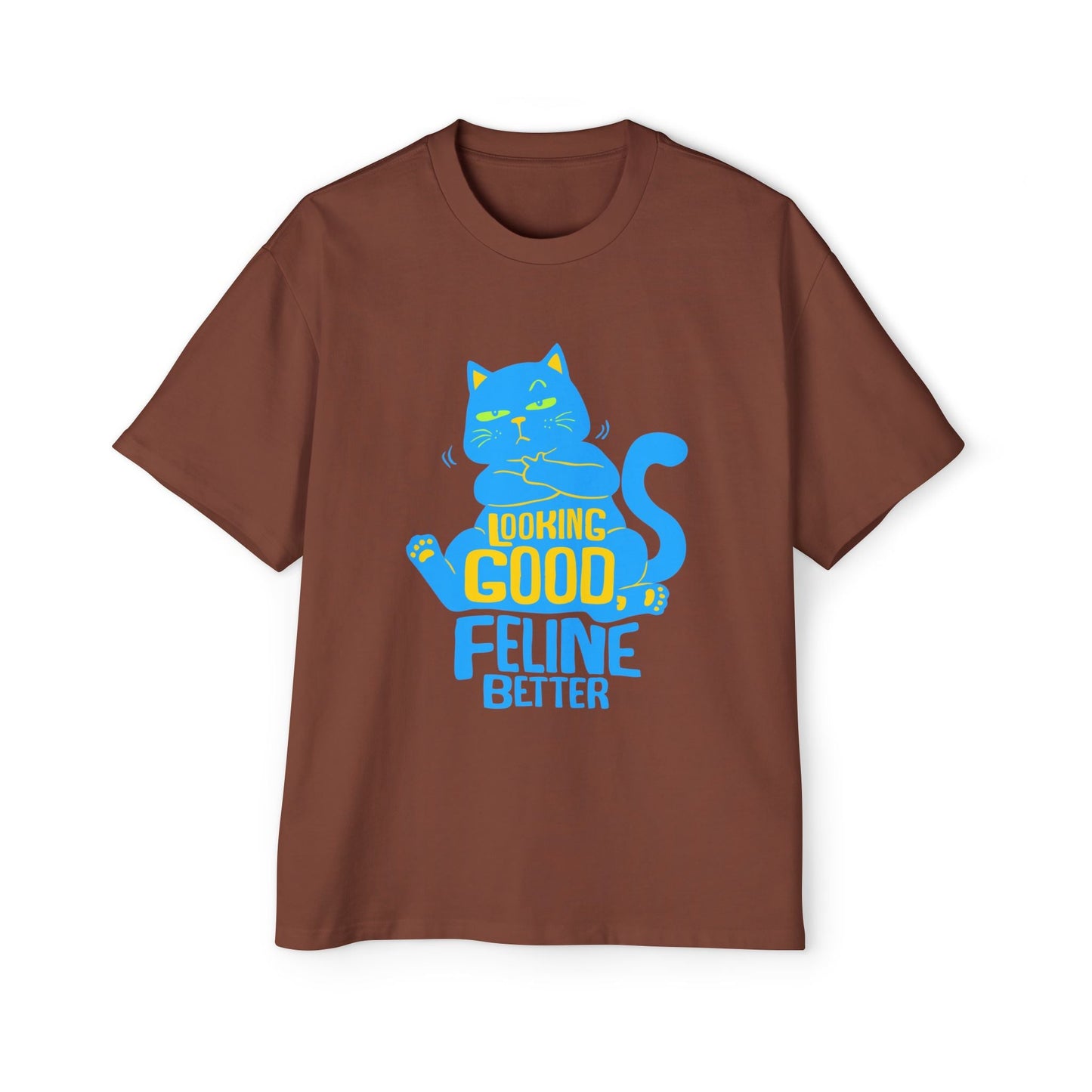 Men's Oversized Cat Tee - Looking Good, Feline Better, Cute Cat Shirt, Casual Fashion, Gift for Cat Lovers, Comfortable Summer Top - Maklenn