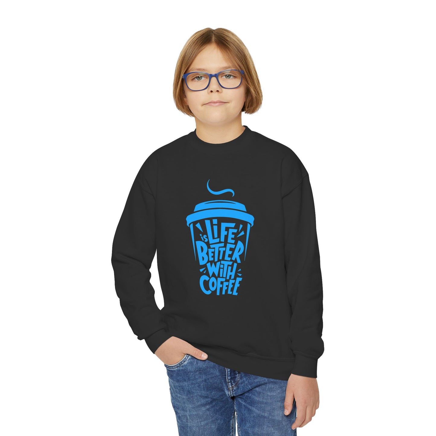 Youth Crewneck Sweatshirt - Life is Better with Coffee - Cozy Gift for Coffee Lovers, Trendy Kids Fashion, Casual Wear, Everyday Comfort Printify