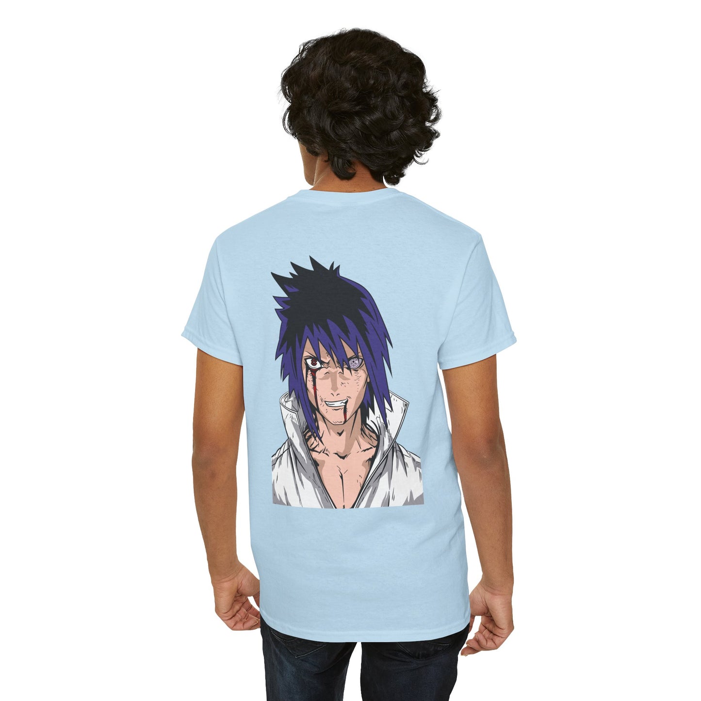Anime Character Graphic Tee — Blue-Haired Manga Hero Back Print