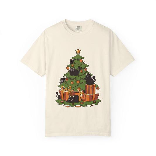 Christmas Cats T-Shirt — Cute Black Cats Tangled in Christmas Tree Holiday Tee Printify