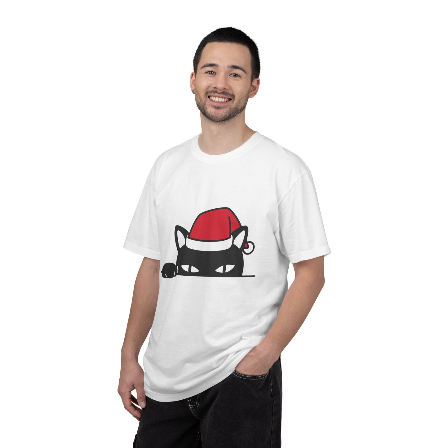 Peeking Black Cat Christmas T-Shirt — Santa Hat Holiday Tee Printify