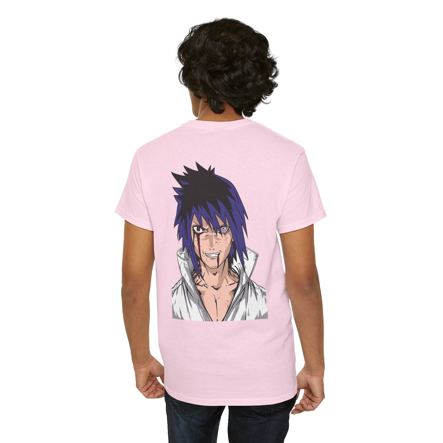 Anime Character Graphic Tee — Blue-Haired Manga Hero Back Print