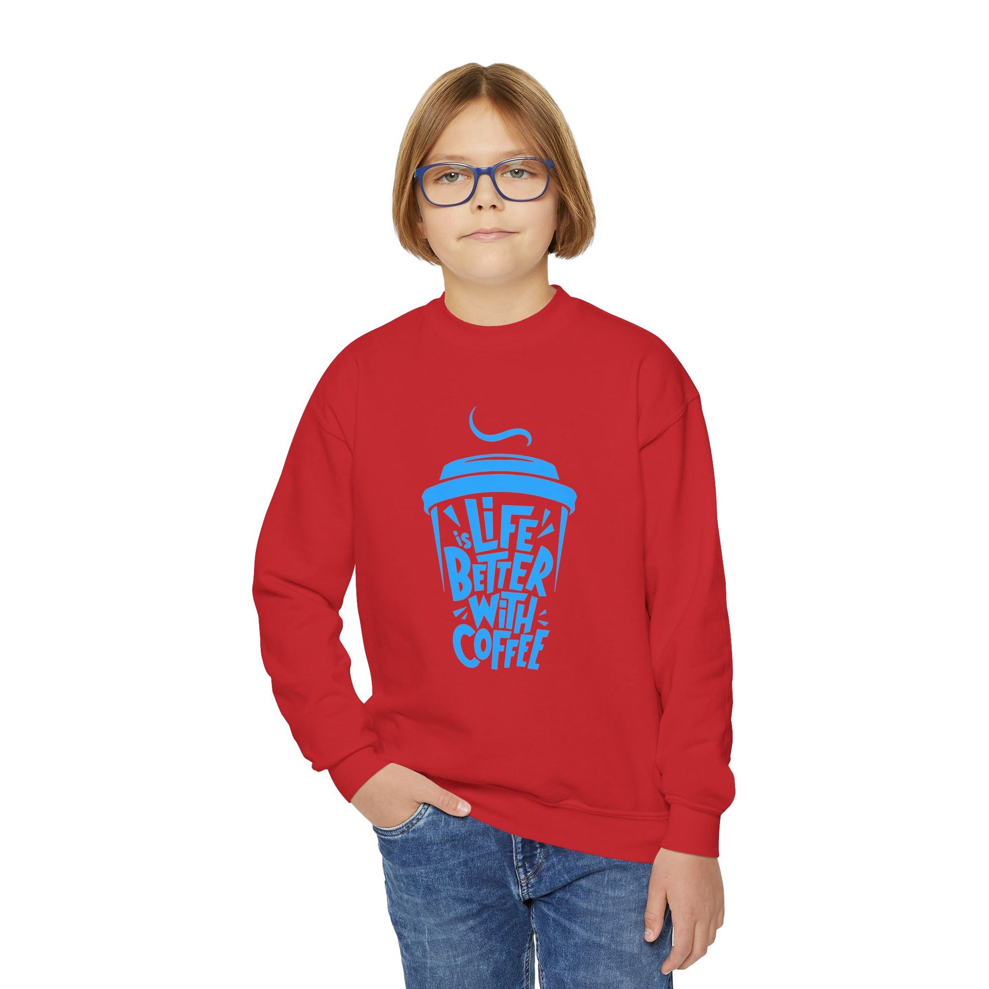 Youth Crewneck Sweatshirt - Life is Better with Coffee - Cozy Gift for Coffee Lovers, Trendy Kids Fashion, Casual Wear, Everyday Comfort Printify