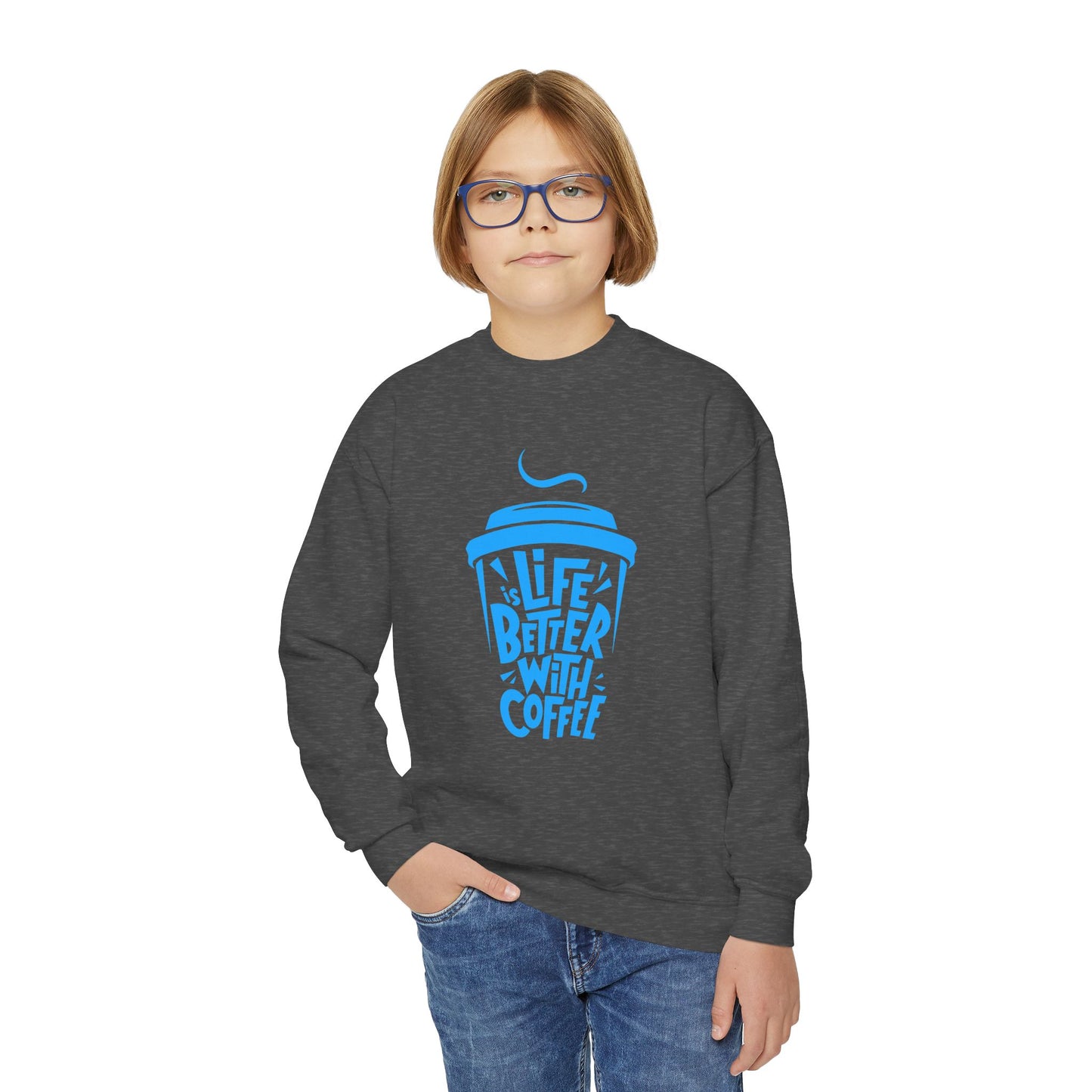 Youth Crewneck Sweatshirt - Life is Better with Coffee - Cozy Gift for Coffee Lovers, Trendy Kids Fashion, Casual Wear, Everyday Comfort Printify