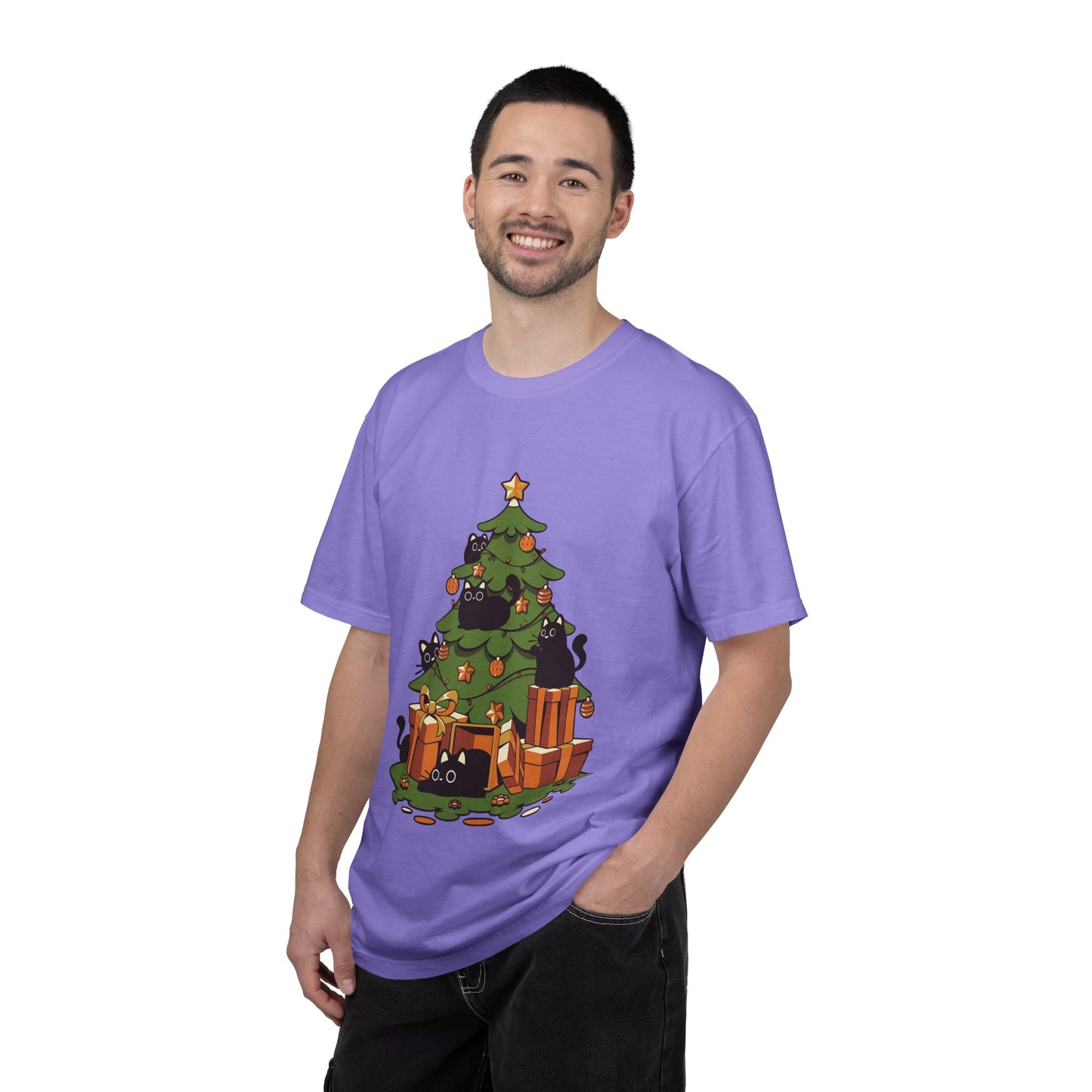 Christmas Cats T-Shirt — Cute Black Cats Tangled in Christmas Tree Holiday Tee Printify