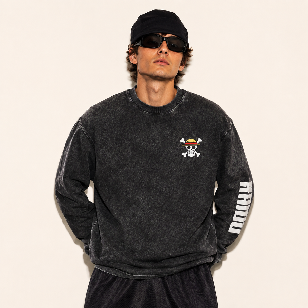Maklenn One Piece anime culture capsule vintage snow-washed sweatshirt